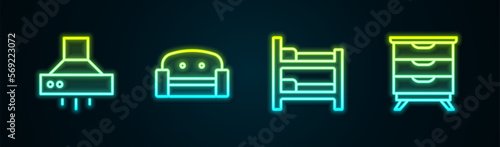 Set line Kitchen extractor fan, Armchair, Bunk bed and Furniture nightstand. Glowing neon icon. Vector