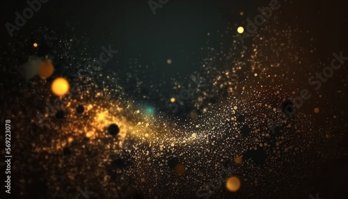 Dark  abstract backdrop with gold glitter  shimmering dust  and bright lighting particles in the blurry background.
