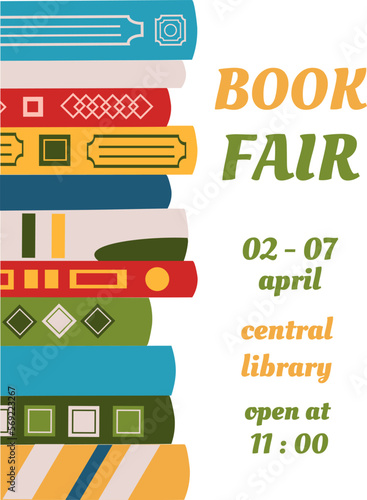 Book fair poster for advertising. Vertical poster for book fair with different books. Advertising template for bookstore,bookshop, library.