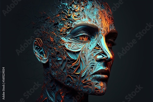 AI, human abstract digital colorful face in 3d style. Concept art. Colored outline of a woman's face. Orange and blue lines intertwined into a silhouette