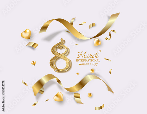 8 March celebration with eight symbol made of gold sparkling glitters.