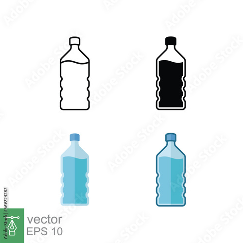 Water bottle icon set in different style. Line, solid, flat, filled outline. Plastic bottle, drink, mineral, soda, juice, package concept. Vector illustration isolated on white background. EPS 10.