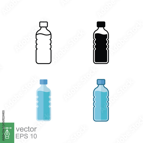 Water bottle icon set in different style. Line, solid, flat, filled outline. Plastic bottle, drink, mineral, soda, juice, package concept. Vector illustration isolated on white background. EPS 10.