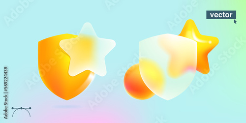 Shield symbol and gold star icon in glassmorphism style. Vector 3D achievement icon. Transparent glass with blur effect.