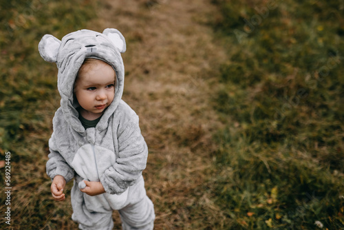 Little child in a plush mouse costume walking in an open field.