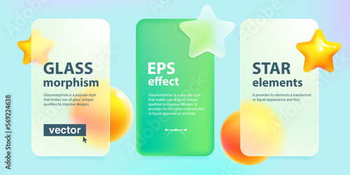Glassmorphism subscription plan tables with levitating star and sphere. Transparent glass with blur effect.