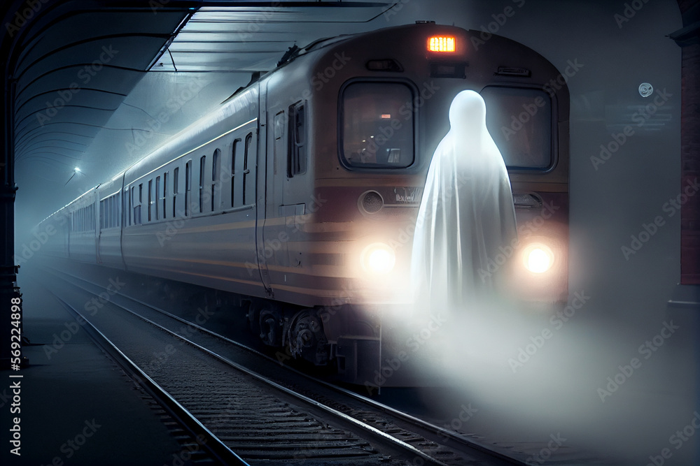 The ghost in front of subway train. Horrors, nightmares, driving safety The ghost in front of subway train. Horrors, nightmares, driving safety