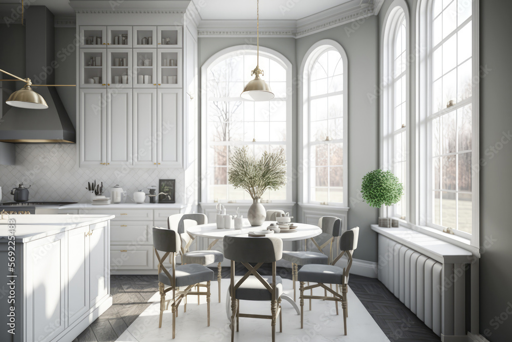 Luxurious interior design of white kitchen, dining room with windows