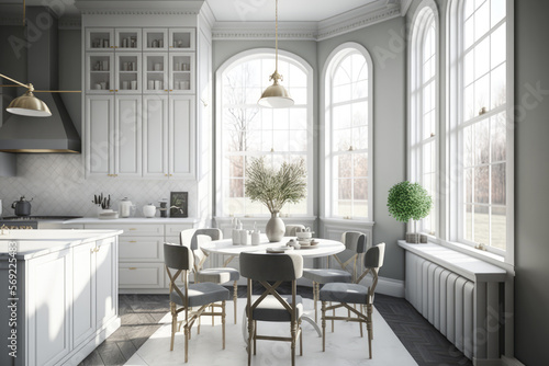 Luxurious interior design of white kitchen, dining room with windows © Jan
