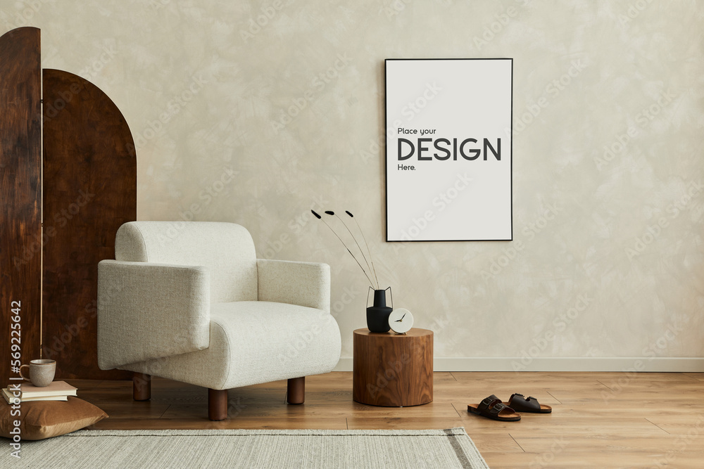 Interior design of living room interior with design armchair, wooden coffee table, mock up poster frame, brown room screen, rug, slippers and personal accessories. Home decor, Template. - obrazy, fototapety, plakaty 