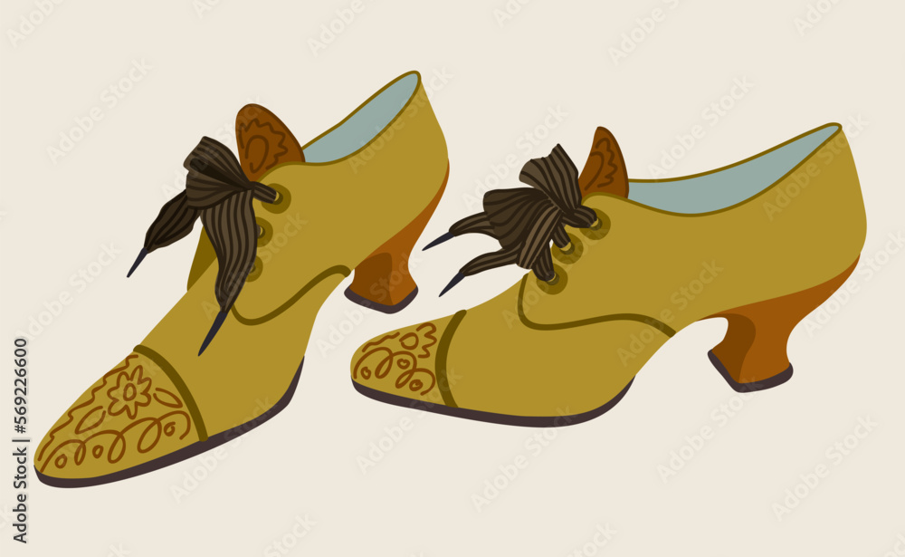 Fototapeta premium Retro shoes with decoration. Vintage shoes with small elegant heels and lacing. Vector isolated illustration.