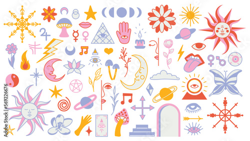  Magic background groovy in retro trend style with clipart elements. mystical vector isolated pattern. editable stroke clipart stickers. Esoteric element witchcraft. Collection of occult symbols y2k