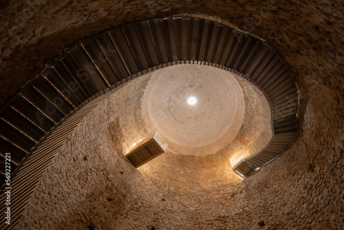 Interior of a Snow Well in Sierra Espuna, Region of Murcia, Spain. View of the medieval brick dome and the access staircase to the interior