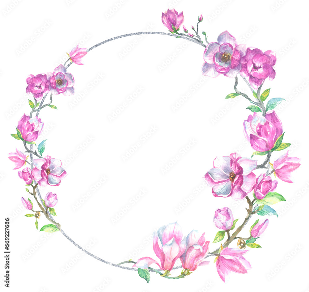 Round frame with pink magnolia