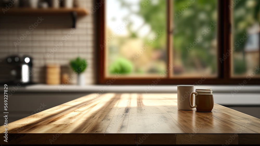 Wood table top in background of blurry kitchen counter. for montage product ( drinks, cooking items or foods ) presentation or essential visual layout design. Generative AI Wood table top in background of blurry kitchen counter. for montage product ( drinks, cooking items or foods ) presentation or essential visual layout design. Generative AI