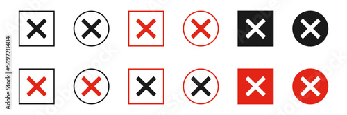Red cross icon set. Letter X and brush mark icon. Wrong sign, no wrong sign.