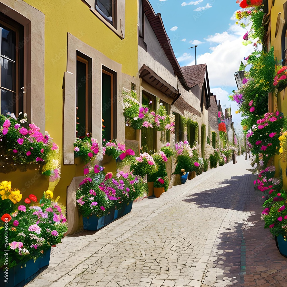 A very colorful street in the village, filled with vibrant flowers (a.i. generated)