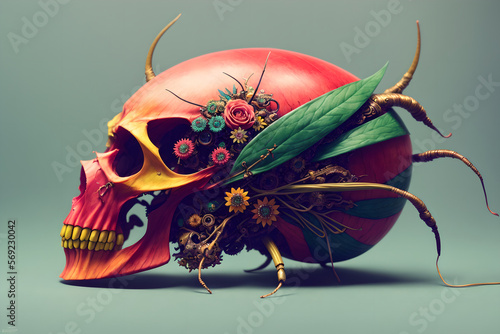 Dark fantasy creepy but cute chimera, painted human skull mixed with watermelon and some insects, AI generated