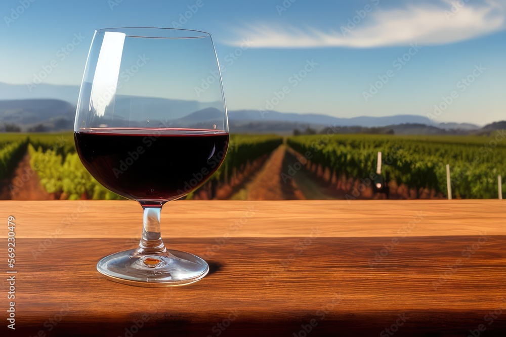 Elegant Wine Glass on a Rustic Wooden Table with a Stunning Wineyard Background - Perfect for Wine and Dining Inspired Designs