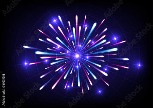 Abstract hi-tech backdrop There are bright multicolored glowing lights spread out from the center in a circle with polar grids and glowing dots in intersecting lines on a blue gradient background.