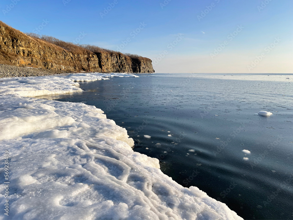 View of Cape Vyatlina on Russkiy Island in Vladivostok in winter. Russia View of Cape Vyatlina on Russkiy Island in Vladivostok in winter. Russia