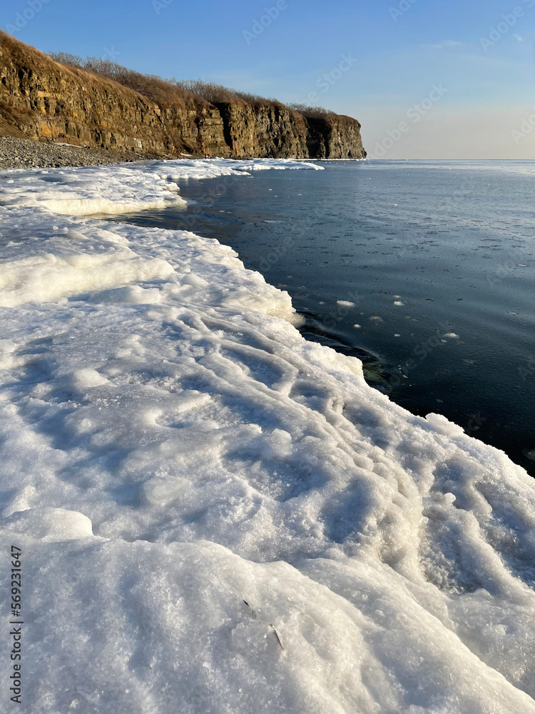 View of Cape  Vyatlina on Russkiy Island in Vladivostok in winter. Russia