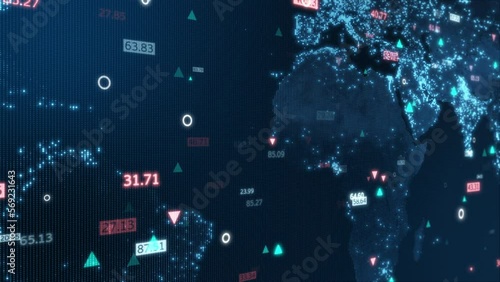Digital animation camera movement through 3D space with a world map and data analyzing.
