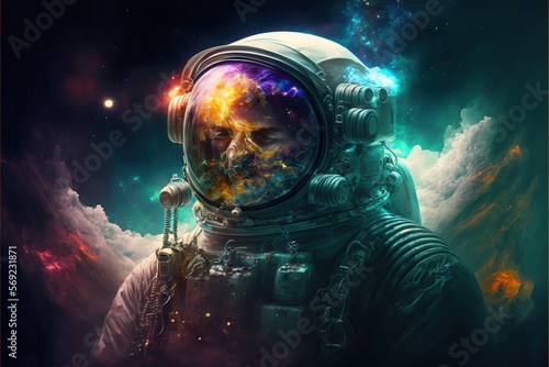  a man in a space suit with a skull on his chest and a space background with clouds and stars in the sky, with a bright yellow and blue hue in the middle. generative ai
