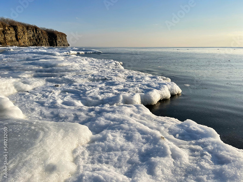 View of Cape  Vyatlina on Russkiy Island in Vladivostok in winter. Russia photo