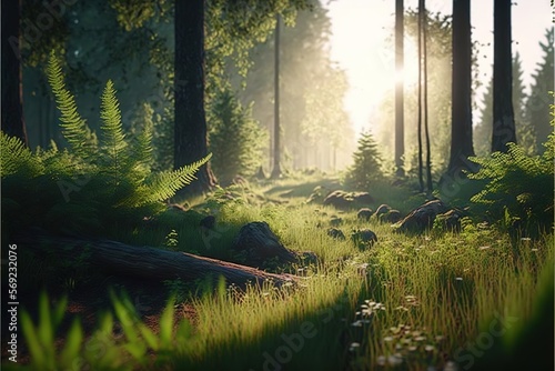  a forest filled with lots of tall trees and green grass next to a forest filled with lots of tall trees and green grass next to a forest filled with lots of tall trees. generative ai