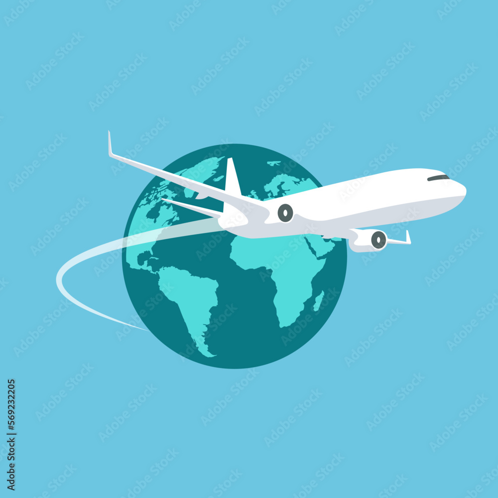 Plane flies around the Earth. Airplane trace. International transportation. Vector illustration  in trendy flat style isolated on blue background.