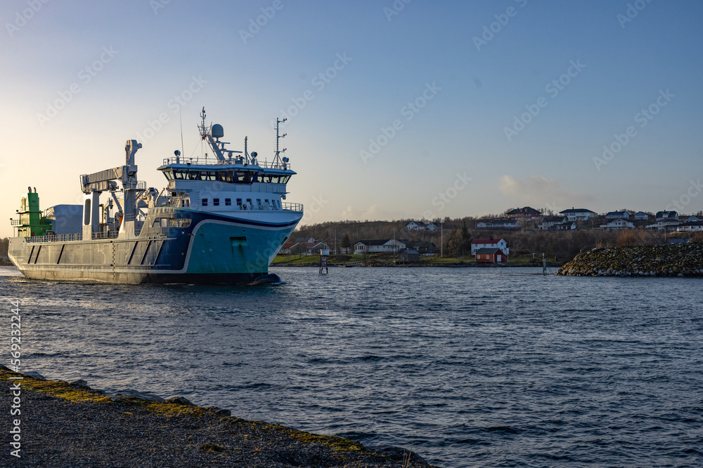 Fototapeta premium MS Nyksund is a high-tech vessel. This includes, among other things, environmentally friendly LNG-powered propulsion machinery supplied by Rolls Royce.,Here in Brønnøysund,Helgeland coast,Norway