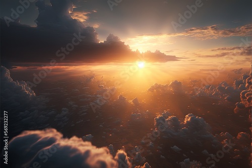  the sun is setting over the clouds in the sky over the ocean of water, and the sky is dark blue and cloudy, and the sun is shining through the clouds. generative ai