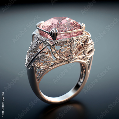 Silver delicate ring with pink diamond. AI Generative