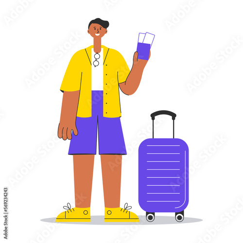 Boy or young guy with suitcase waiting for the boarding and flight with tickets isolated on white background, flat travel concept, character in flat style. Vector illustration.