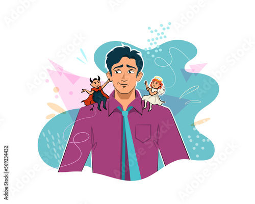 Young man doubts between angel and demon choice
