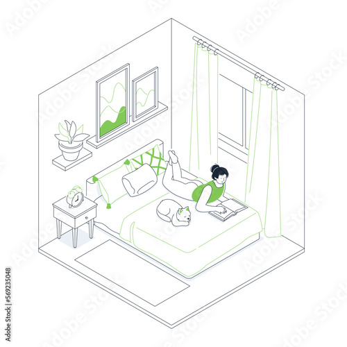 Reading in the bedroom - modern line design style isometric illustration