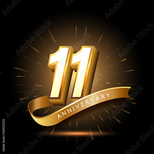 11th anniversary with 3d number and ribbon shiny gold design