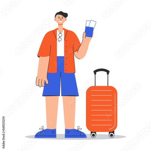 Boy or young guy with suitcase waiting for the boarding and flight with tickets isolated on white background, flat travel concept, character in flat style. Vector illustration.