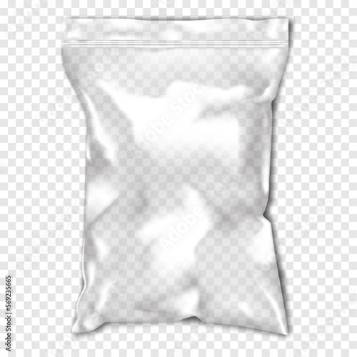 Clear glossy resealable plastic bag with zip lock on transparent background realistic vector mock-up. Empty blank zipper PVC vinyl package mockup. Template for design