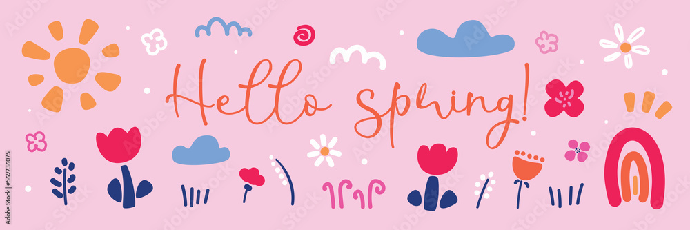 Vector illustration of flowers, plants, sun, clouds and rainbow in hand drawn style. Cute spring banner with text Hello spring Vector illustration of flowers, plants, sun, clouds and rainbow in hand drawn style. Cute spring banner with text Hello spring