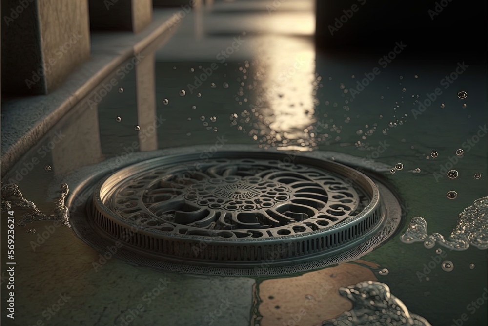  a drain in the ground with water coming out of it and a building in the background with a reflection of the floor on the ground.  generative ai