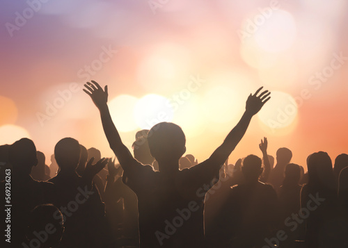 Christian worship God together in Church hall in front of music stage
