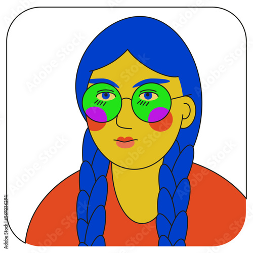 Female portrait in cartoon style. A girl with blue hair and round glasses. Design for creating infographics. 