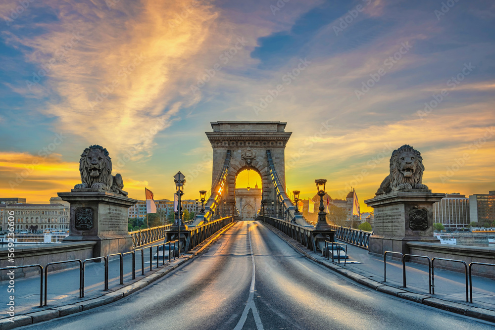 Obraz premium Budapest Hungary, city skyline sunrise at Chain Bridge with famous lion statue