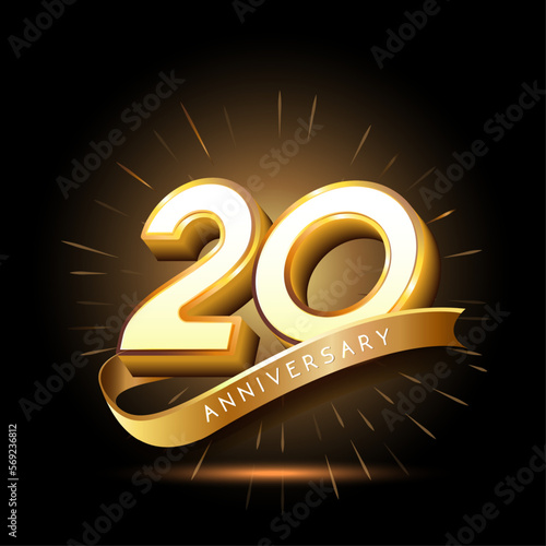 20th anniversary with 3d number and ribbon shiny gold design