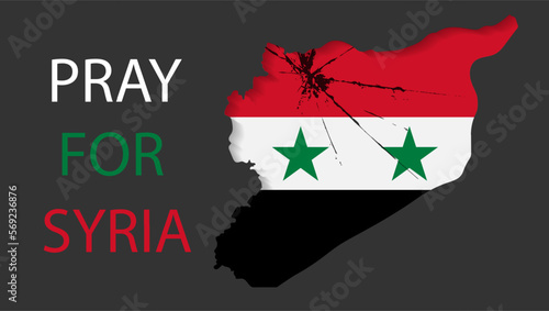 Pray for Syria. Map of Syria in color of national flag with cracks. Syria earthquake. Vector illustration