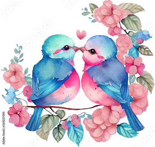 Sweet Couple Lovebirds Watercolor. Generative AI
