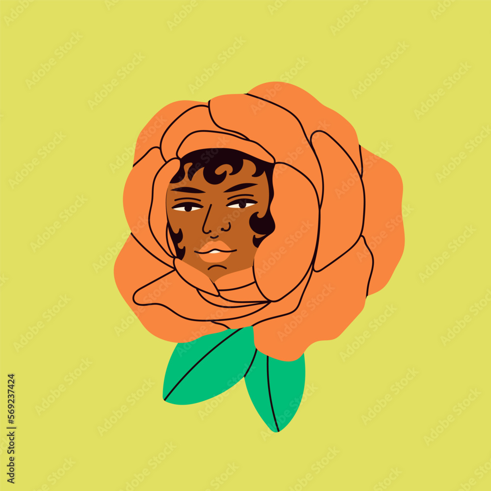 Rose flower. Blossom with beautiful female face. Flower bloom with