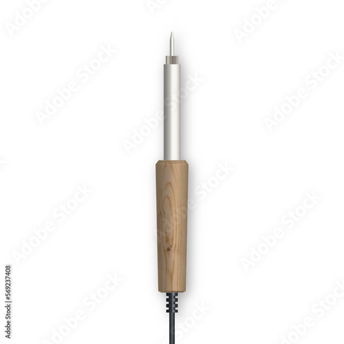 Electric soldering iron with wooden handle, 3D vector illustration.
